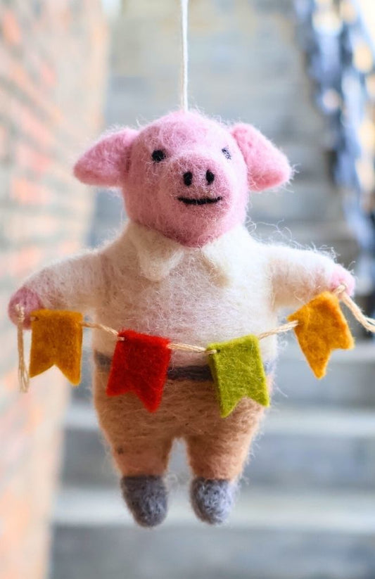 Felt Pig with Flag Ornament