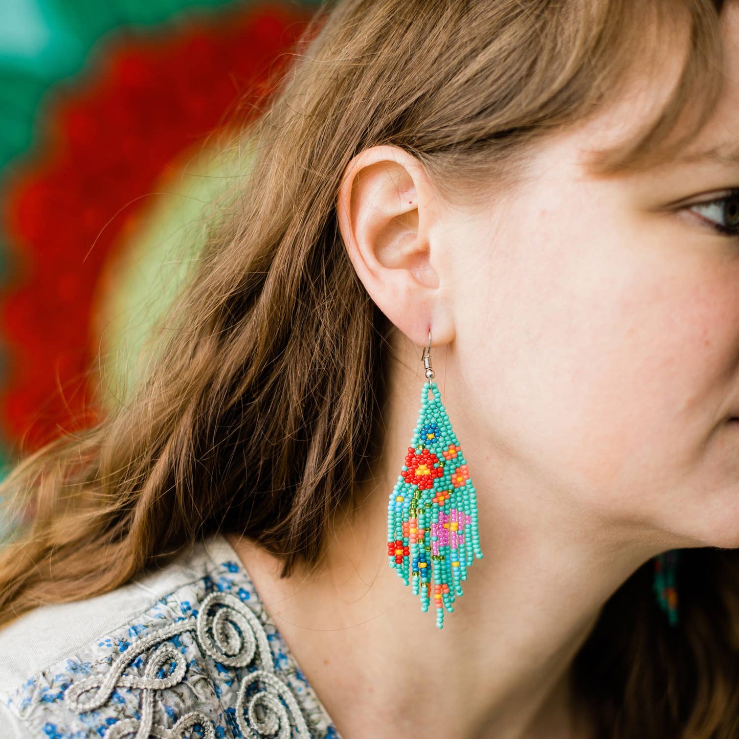 Flower Fringe Earrings Turquoise