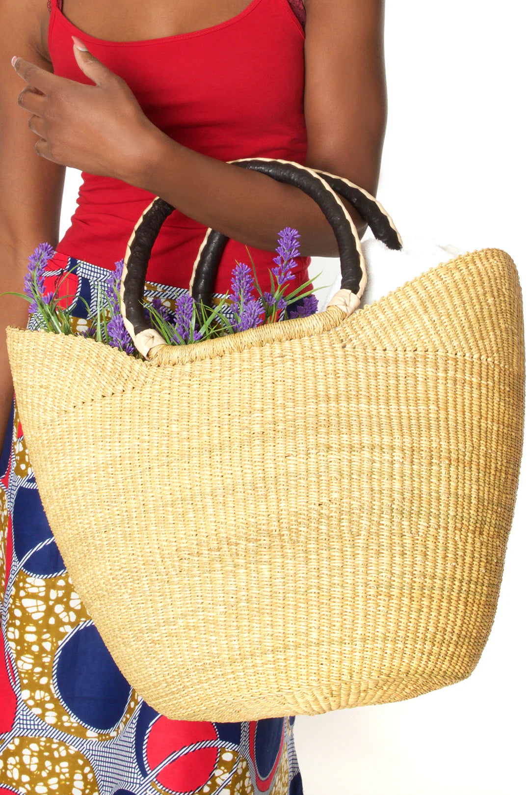 Natural Ghanaian Wing Shopper with Black & Cream Leather Handles