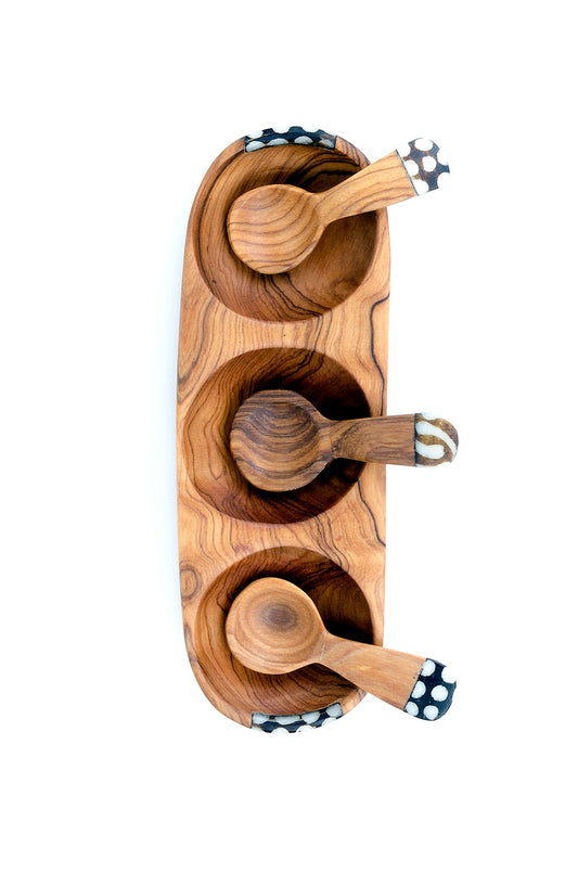 Wild Olive Wood Triple Well Spice Dish w/ 3 Spoons