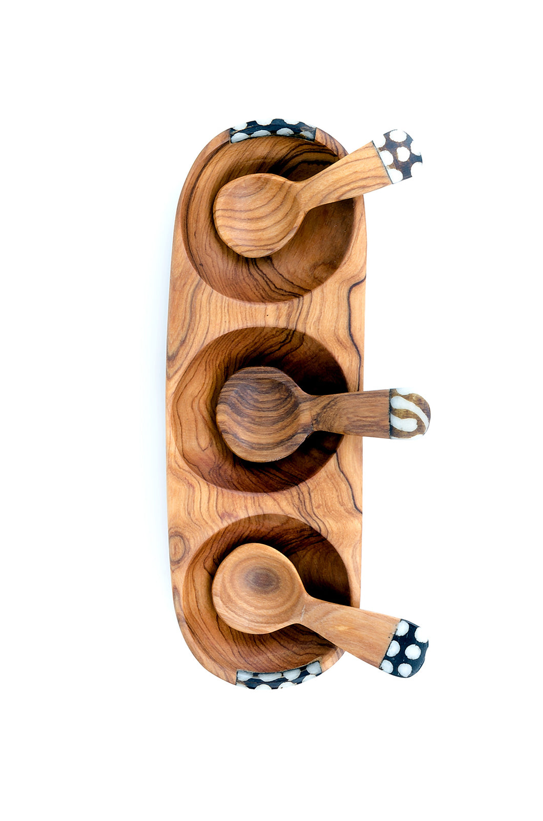 Wild Olive Wood Triple Well Spice Dish w/ 3 Spoons