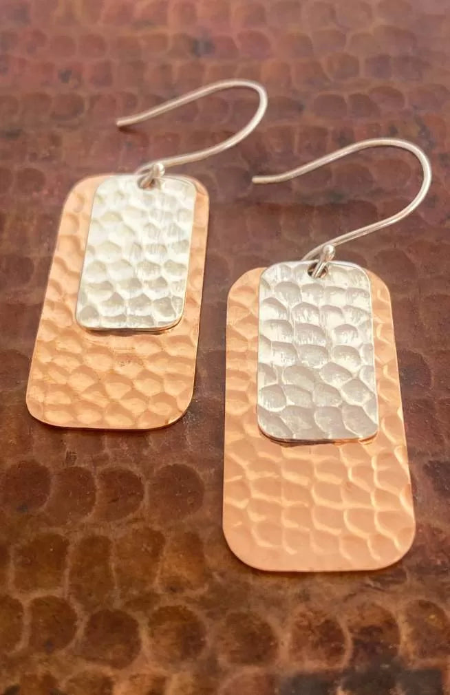 Hammered Silver and Copper Earrings