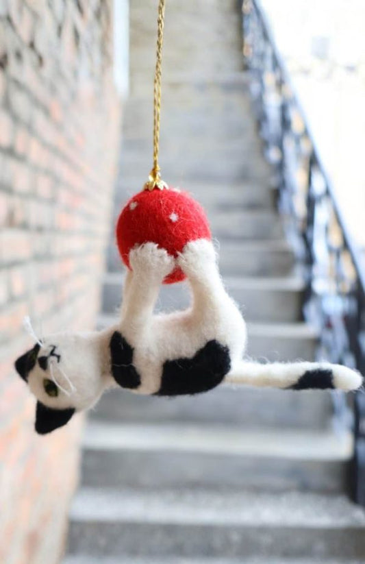 Felt Cat Hanging on Ball Ornament
