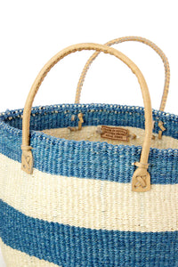 Shades of Blue Striped Sisal Bag With Leather Handles