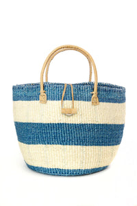 Shades of Blue Striped Sisal Bag With Leather Handles