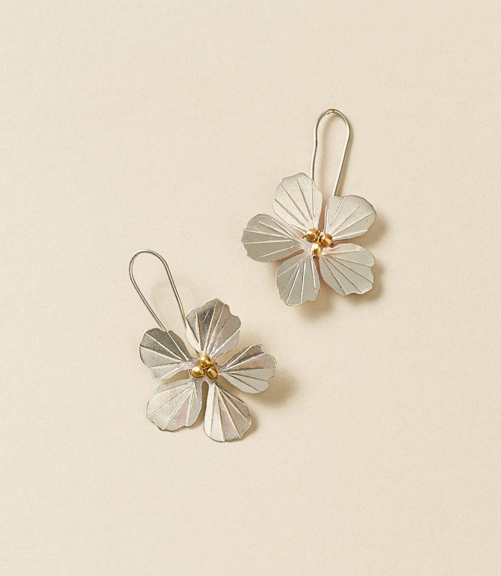 Silver Drop Earrings with Flower Charm & Gold Metallic Beads