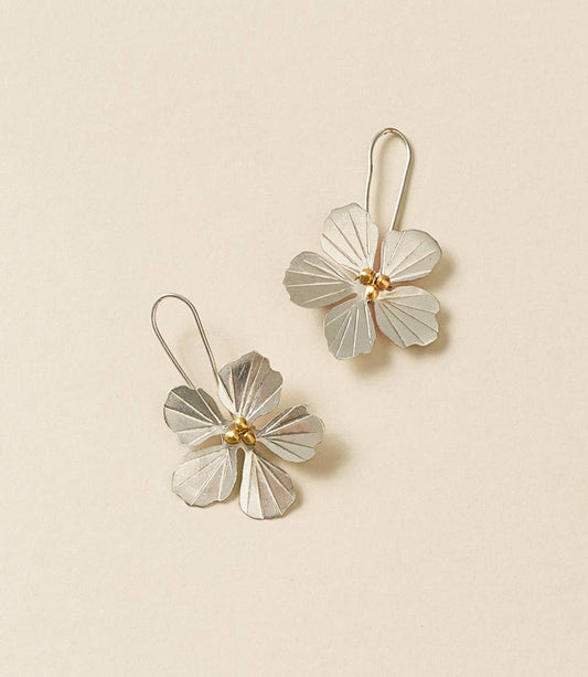 Silver Drop Earrings with Flower Charm & Gold Metallic Beads