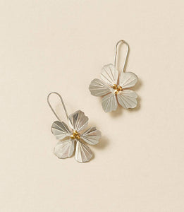 Silver Drop Earrings with Flower Charm & Gold Metallic Beads