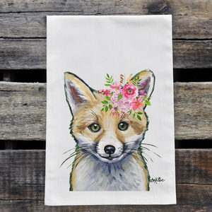 Spring Flower Fox Tea Towel, Woodland Animal Decor