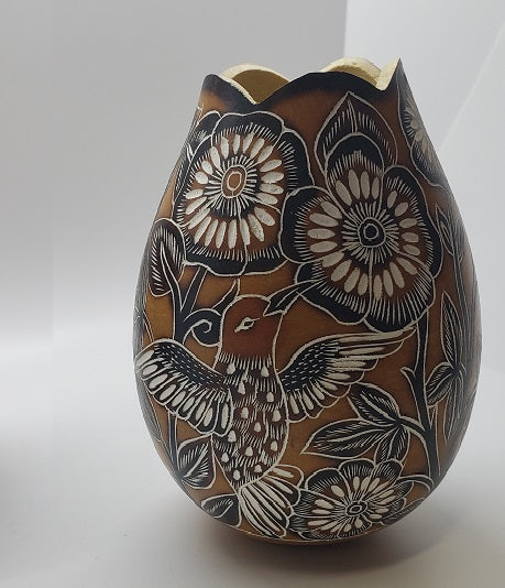 Gourd Flower Vase Hand Carved Peru Natural Floral and Butterflies Birds