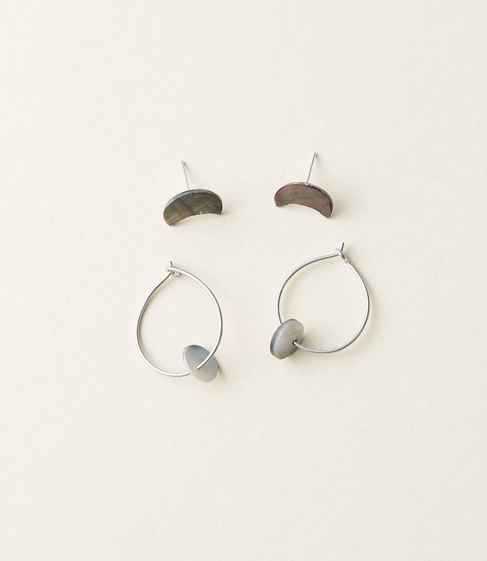 Chandra Mini Moon and Disc Hoop Earrings, Set of 2 -  Shell
