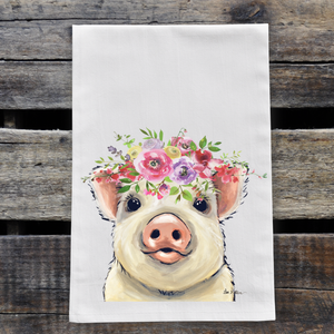 Spring Flower Pig Tea Towel, Farmhouse Towel Decor