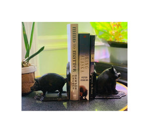 Set of Two Cast Iron Pig Bookends in Black Rustic Finish