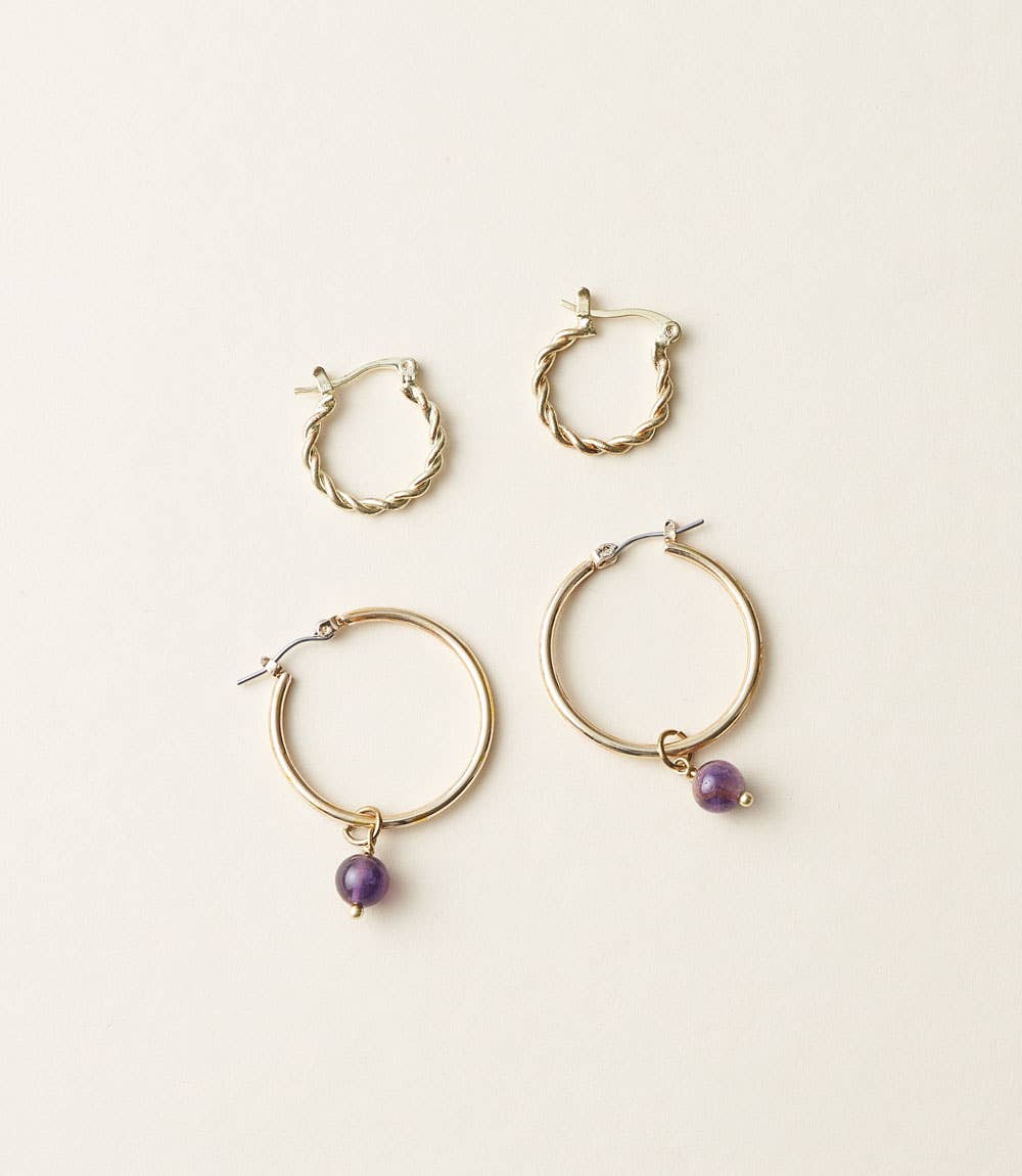 Jambumani Amethyst Bead and Braided Brass Hoops, Set of 2