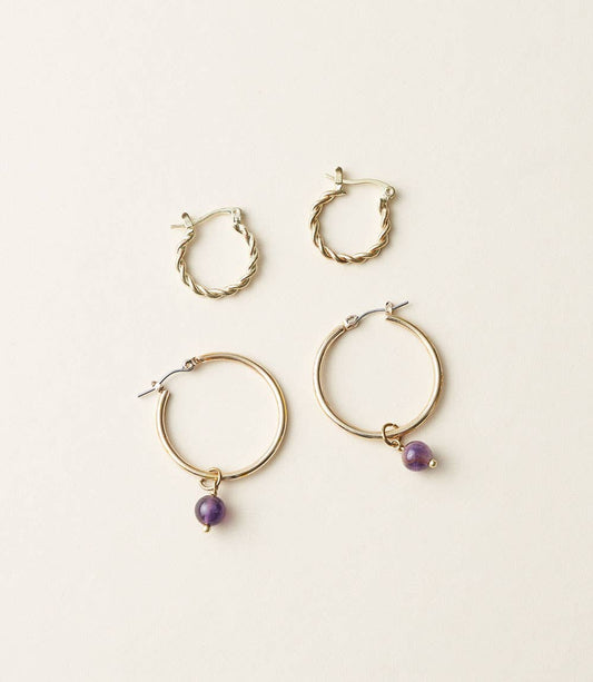 Jambumani Amethyst Bead and Braided Brass Hoops, Set of 2