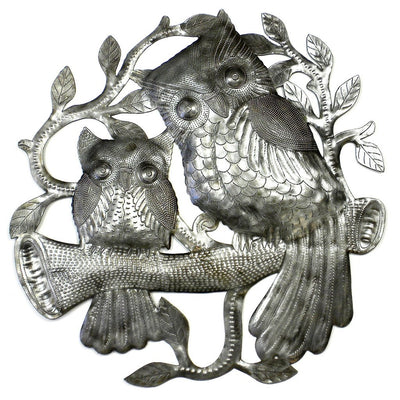 Pair of Owls on Perch Haitian Metal Drum Wall Art