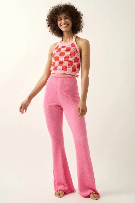 Checkerboard Crochet-Knit Tie-Back Halter Top