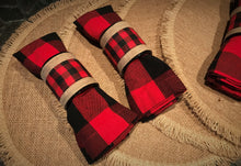 Load image into Gallery viewer, Holiday Burlap Placemats with Buffalo Plaid napkins and napkin rings
