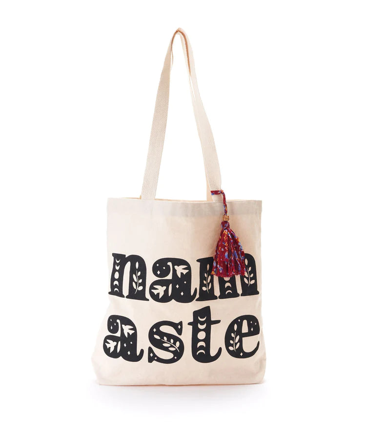 Chahna Canvas Tote Bag with Upcycled Sari Tassel - Hamsa Moon Phase