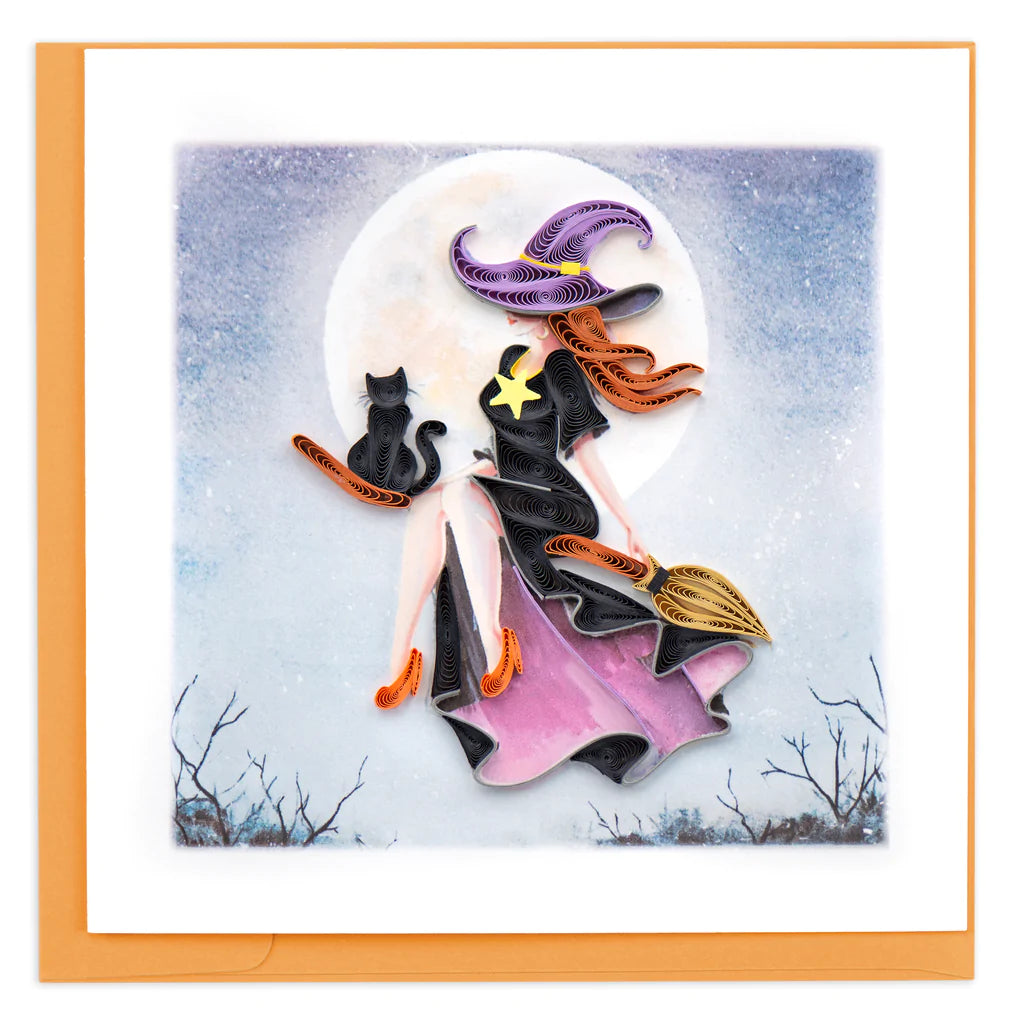 Quilled Witch On Broomstick Halloween Greeting Card