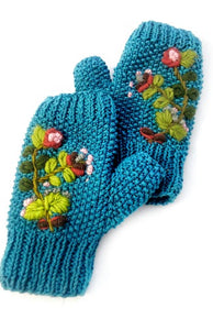 Flower Embroidery Knit Fingerless - Gloves