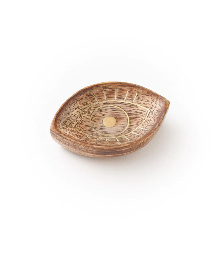 Handcrafted Mango Wood Jewelry Tray Trinket Dish - Evil Eye