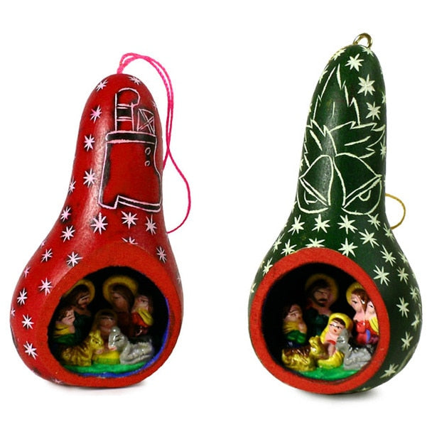 Gourd Nativity Ornament with Stars Carved with Scene Inside