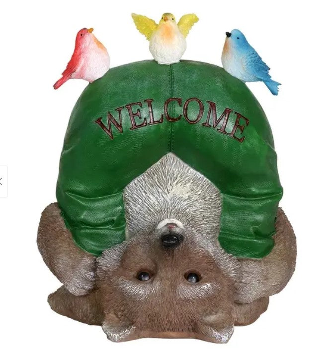 Solar Welcome Racoon w/birds
