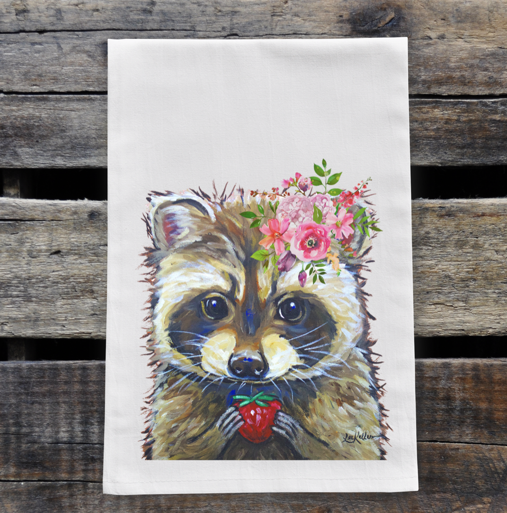 Spring Flower Raccoon Tea Towel, Woodland Animal Decor