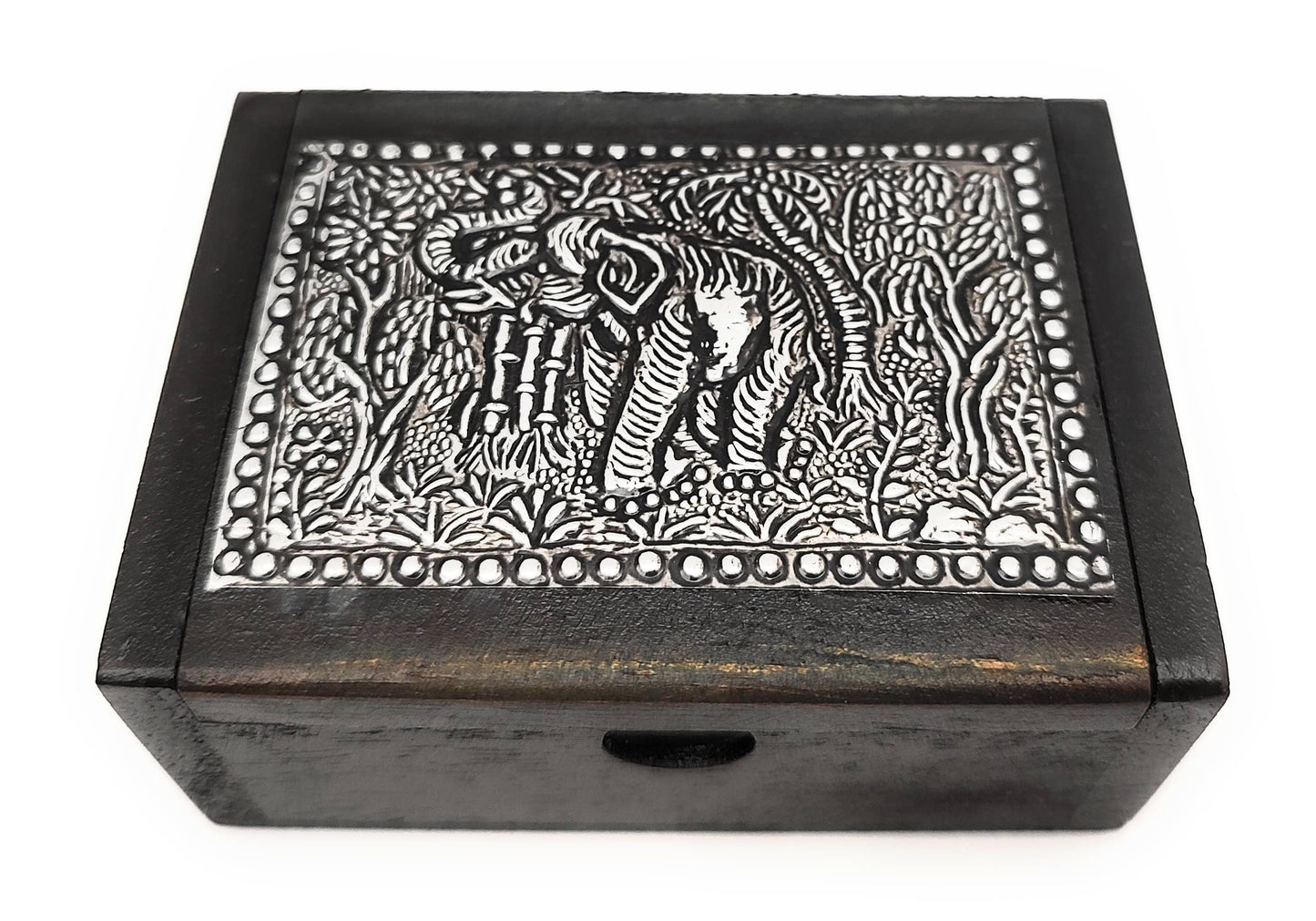 Pounded Metal Elephant Box with hinged lid - Dark