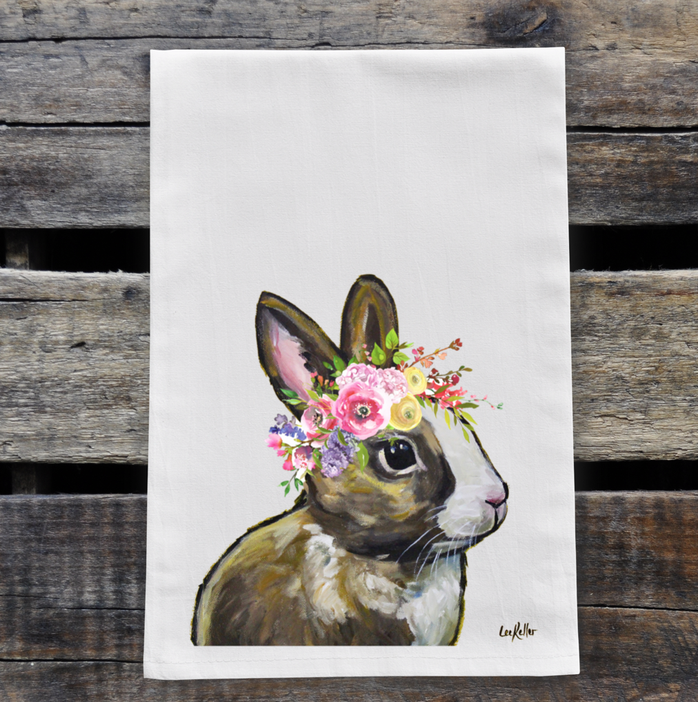 Spring Flower Bunny Tea Towel, Rabbit Towel Decor