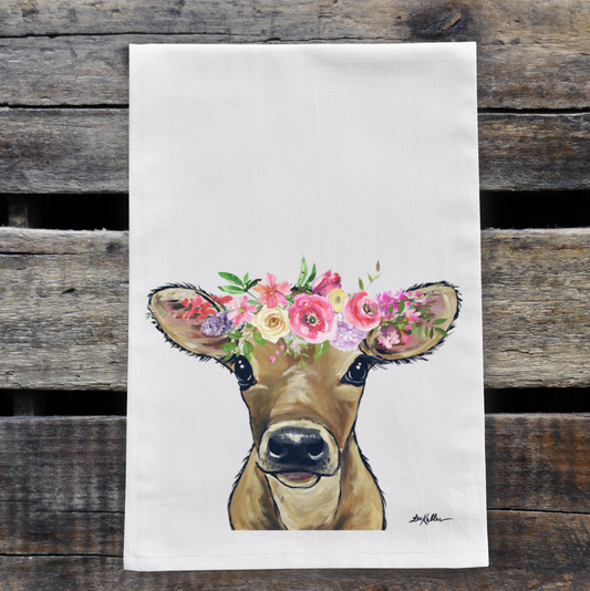 Spring Flower Calf Tea Towel, Farmhouse Towel Decor