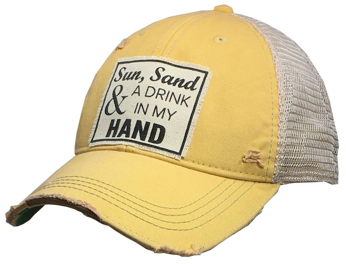 Sun Sand & A Drink In My Hand Yellow Distressed Trucker Cap