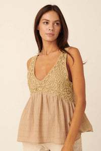 Crochet Plunging Neck Sleeveless Babydoll Top