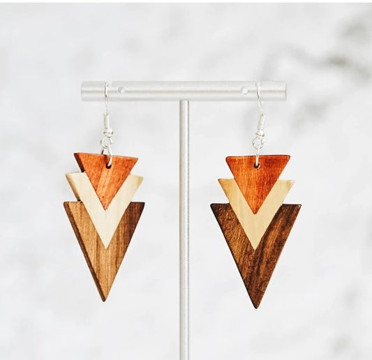 Tri-Tone Arrowhead Wood Earrings