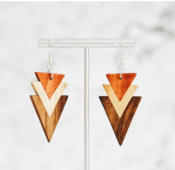 Tri-Tone Arrowhead Wood Earrings